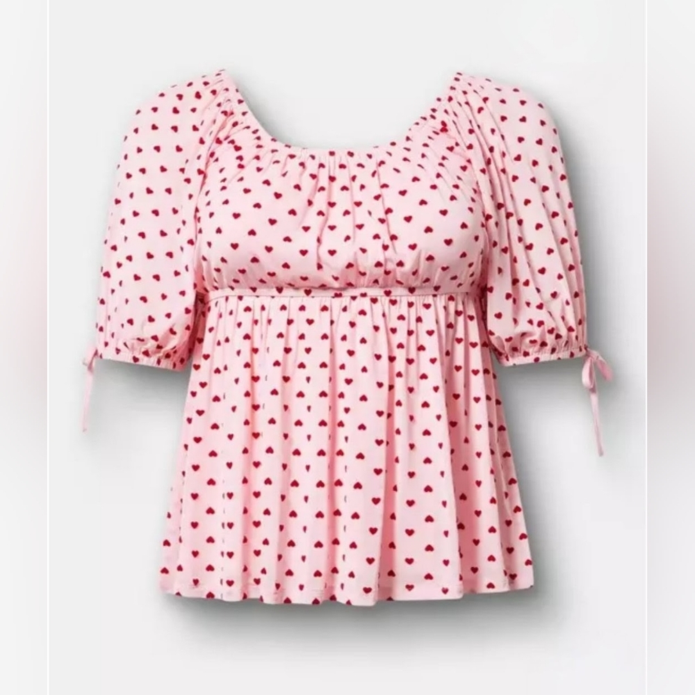 New Torrid 1X(14/16W) Flocked Mesh Babydoll Tie Sleeve Top- Pink&Red Hearts NWT